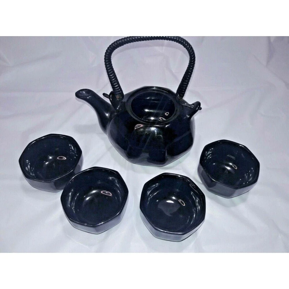 Black Ceramic Tea Set 5 Piece Teapot and 4 Cups